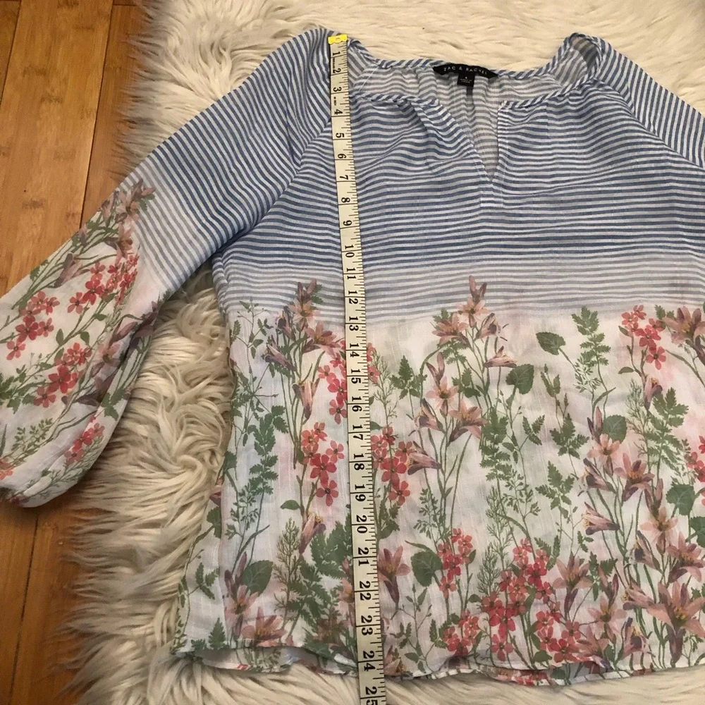 Zac & Rachel Boho Semi Sheer Peasant Floral Prints Stripe Puff Sleeves size S